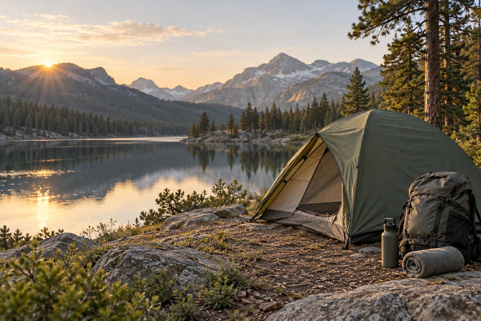 Illustrative alpine lakeside campsite with an unbranded tent and travel essentials